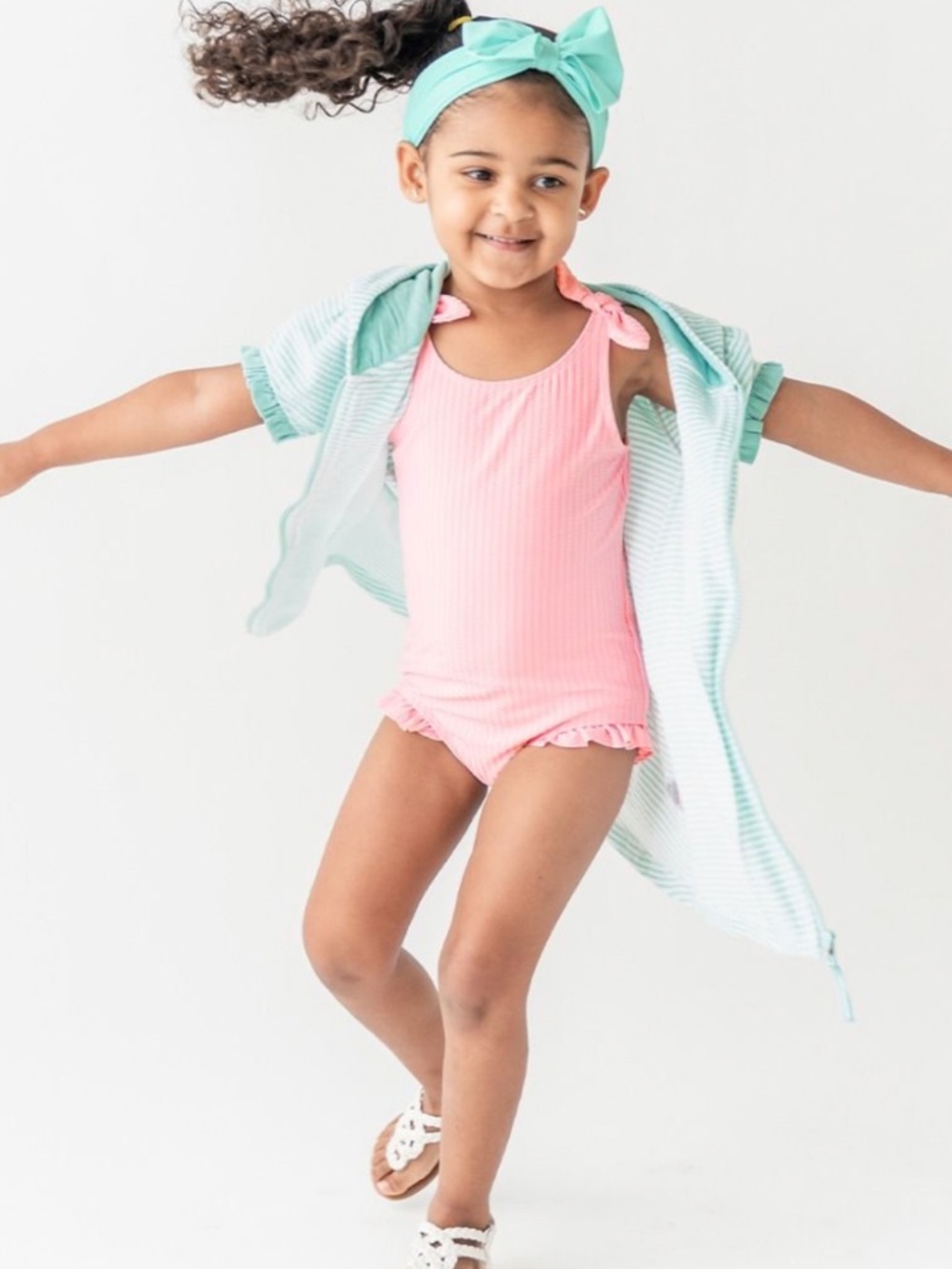 NWT Ruffle Butts Pink Seersucker Shoulder Tie One Piece Swimsuit Size 3t